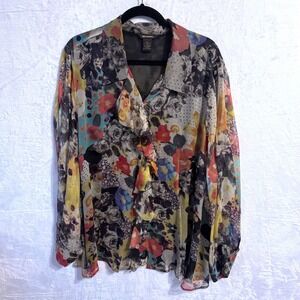 Missioni Womens 3X Silk Chiffon Ruffle Front Floral Abstract Blouse Multicolor
